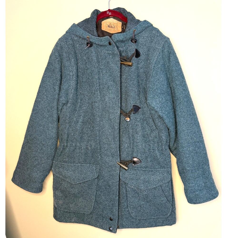 Vintage Woolrich Wool Mohair Duffle Coat Zipper Toggles Dark Teal Hood Mens M